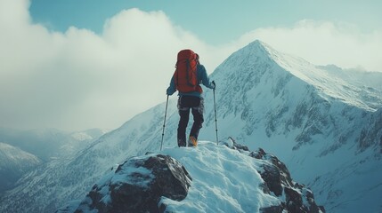 Climber summits snowy peak, mountain range backdrop