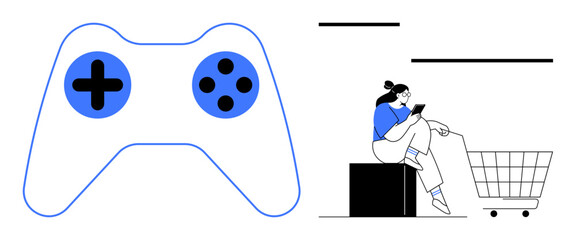 Gaming controller next to a woman with a smartphone seated on a block, shopping cart nearby. Ideal for technology, gaming, e-commerce, digital lifestyle, online shopping, innovation, modern life