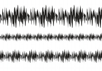 Black waveform sound waves, heart beat rate vector illustration on a white background with light graph lines, ideal for audio visualization, music production, and sound-related design projects. EPS 10