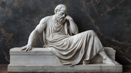 Marble sculpture of an ancient philosopher with gentle expression in a classical setting