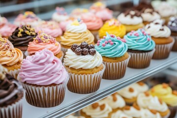 Vibrant cupcake display in a cozy bakery colorful delights sweet treats inviting atmosphere close-up view celebrating culinary art