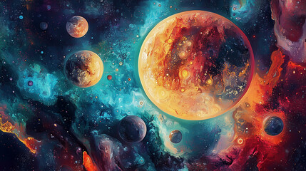 Obraz premium Colorful cosmic landscape with planets in an abstract style
