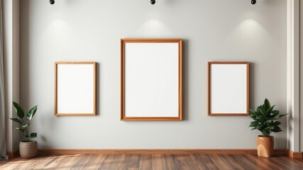 Minimalist Interior Design Mockup Three Empty Wooden Frames on a Neutral Wall with Potted Plants