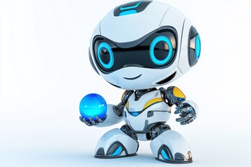 Cute Cartoon Robot with Blue Sphere on Minimalist Background