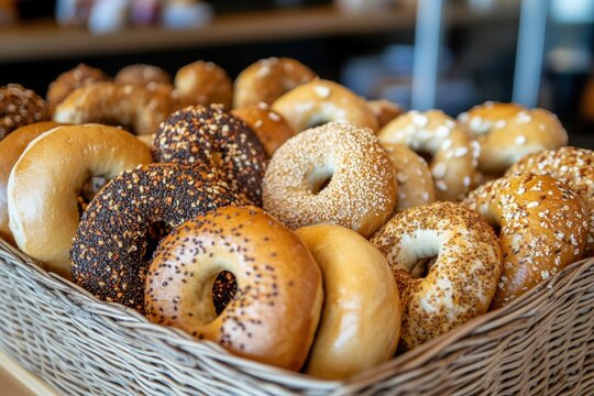 Freshly baked bagels assortment local bakery food display cozy environment close-up view culinary delights for breakfast lovers