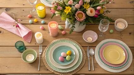 Charming Easter dinner setting with colorful plates, fresh flowers, and festive decorations on a rustic wooden table