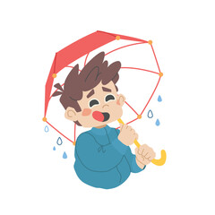 Boy under umbrella in rain. Young man enjoys rainy weather. Vector illustration of cartoon character