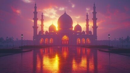 Obraz premium Majestic Mosque at Sunset Reflected in Still Water, Evoking Peace and Serenity