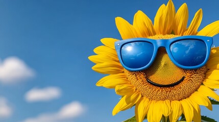 Smiling sunflower with sunglasses on its face. The sunglasses are blue and the sunflower is yellow. Concept of happiness and warmth, as if the sunflower is enjoying a sunny day