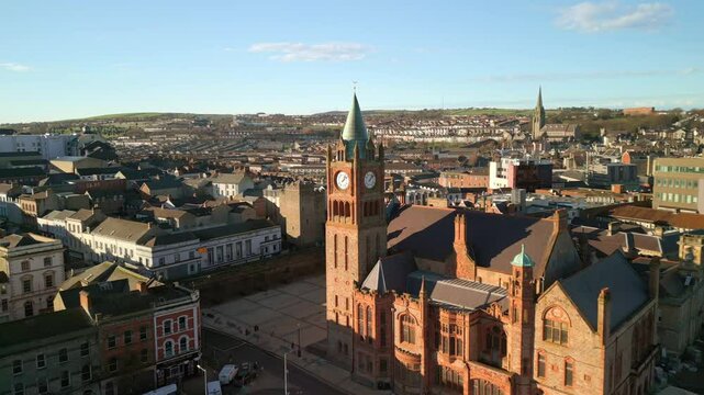 Aerial shot of the Guildhall in Derry-Londonderry, NI. The camera begins wide and pushes towards the clock tower. Filmed in 4K at 60fps and in Rec709 color space.