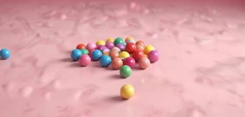 Obraz premium Colorful gumballs scattered around a central point on a soft pink surface with varying sizes, scattered pattern, colorful gumballs, playful scene