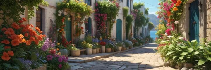 colorful flowers and lush greenery adorn the walls of a seaside alley, outdoor, nature, botanical