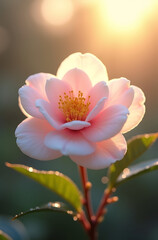 Obraz premium A delicate Camellia flower in full bloom, captured in the morning light with dew-kissed green leaves. Created with generative AI.