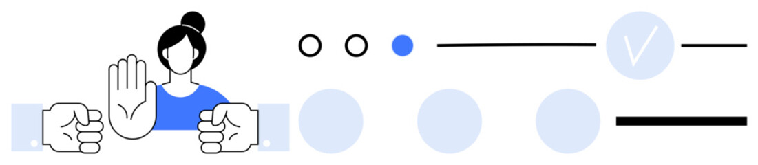 Female figure holding up hand to halt aggression while two fists confront each other. Symbols for options and solutions are shown with circles and checkmarks. Ideal for conflict resolution, anger