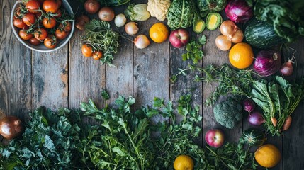 A spread of freshly harvested organic vegetables and fruits displayed on a wooden table, ready for a farm-to-table meal
