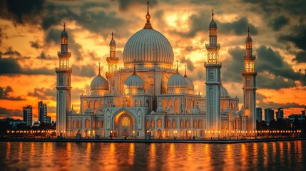 Majestic Mosque at Sunset: A Reflection of Faith and Architecture