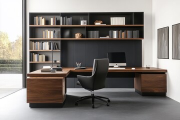 Modern walnut executive office with shelving, garden view