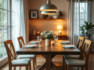 Cozy dining room table with warm lighting, holiday decor, festive mood