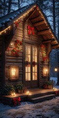 Obraz premium Cozy wooden cabin decorated with twinkling lights and red bows for Christmas, festive, cabin, red bows