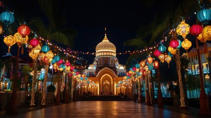 Illuminated Mosque Pathway Decorated With Colorful Lanterns