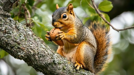 Obraz premium A squirrel holding a nut, perched on a tree branch.