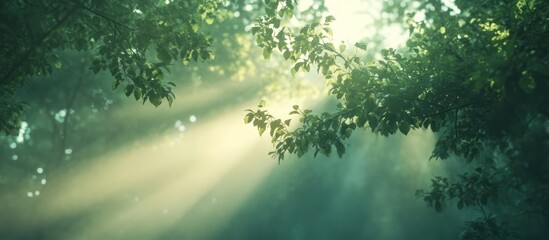Sunbeams through forest leaves, misty morning