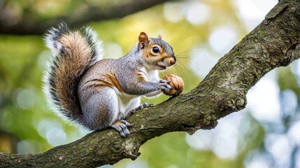 A squirrel holding a nut, perched on a tree branch.