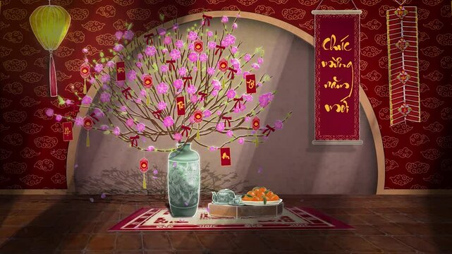 Celebrate Tết with this vibrant 2D animation background featuring rich red hues, stunning Hoa Đ&agrave;o blossoms (Cherry blossoms) and gracefully falling petals.