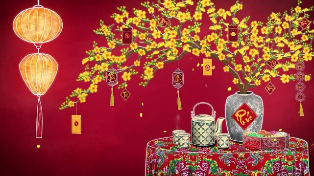 Tết Holiday - Vietnamese New Year 2D animation background featuring rich red hues, stunning hoa mai blossoms (apricot blossoms), b&aacute;nh mứt treats (Sweet treats), and gracefully falling petals.
