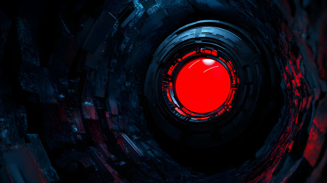 Glowing mechanical red eye emerging from dark metallic surface, symbolizing advanced technological innovation and artificial intelligence potential