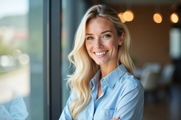 Fototapeta premium Smiling Creative Business Woman Inspiring Success and Innovation in the Workplace Generative AI