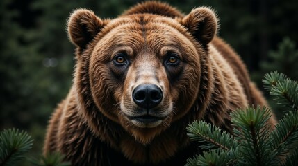 Obraz premium Brown bear close-up against a dark forest background