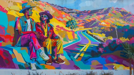 A vibrant painting of two friends on a road trip, painted on a wall with a scenic highway mockup on the side.