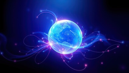 Obraz premium Vibrant glowing blue sphere, embodies abstract magic in motion with radiant, swirling patterns and tendrils that seem to pulse with an otherworldly energy, set against a dark, gradient background.
