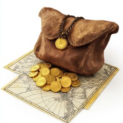 Treasure Map Gold Coins Leather Bag