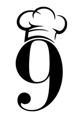 Fototapeta premium Number 9 with chef hat logo design, Minimalist black and white logo featuring the number 9 with a chef hat, perfect for culinary branding, restaurants, and food-related businesses.