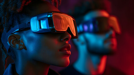 Couple experiencing virtual reality gaming, wearing high tech headsets amid vibrant neon lighting, exploring immersive digital interactive world
