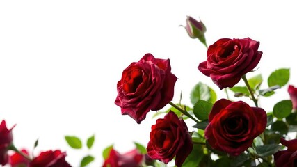 Dark red roses with green leaves against a bright white background with a soft focus effect, blurred background, peaceful scene, soft focus dark red roses