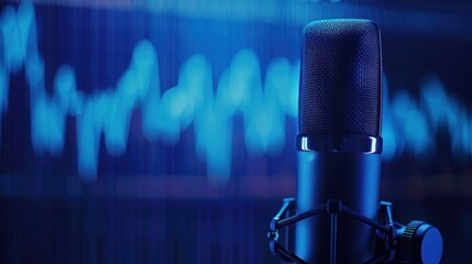 Studio microphone recording podcast, blue data background