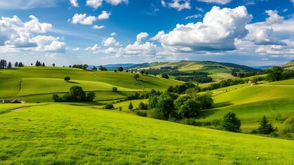 Fototapeta premium Lush green rolling hills and valleys under a vibrant blue sky dotted with fluffy white clouds, showcasing a picturesque rural landscape.