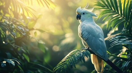 A striking image of a tropical cockatoo perched on a branch amidst a lush jungle background.