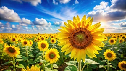 Obraz premium Bright yellow sunflower field in full bloom against a blurred sunny background with a clear blue sky and fluffy white clouds , bright yellow, blurred
