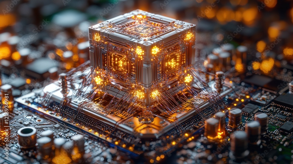 Canvas Prints luminous technological cube on circuit board: a futuristic concept