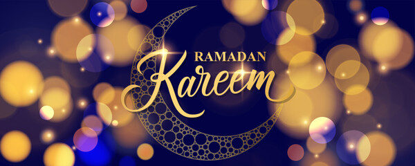Naklejka premium Ramadan Kareem festive banner. Muslim holy month greetings. Gold colored hand lettering and crescent moon. Blurred bokeh lights. Vector illustration.