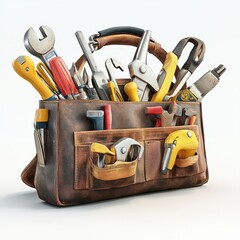 A Leather Tool Bag Filled With Various Hand Tools