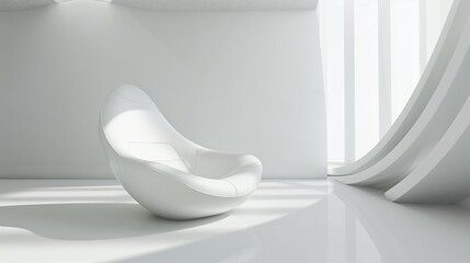 A futuristic white chair with curved edges in an empty minimalist room