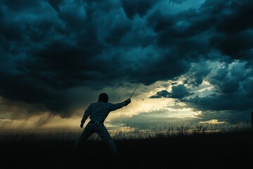 Silhouette of fencer, stormy sky, sunset.