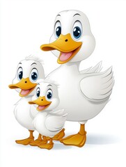 A cheerful cartoon family of ducks featuring a mother and two ducklings, all with bright eyes and smiling expressions.