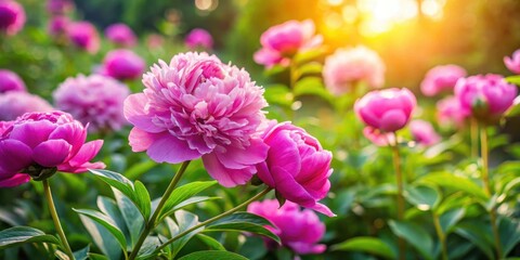Obraz premium Colorful pink peonies blooming in a garden with lush greenery and vibrant sunlight filtering through the leaves, springtime, pink flowers