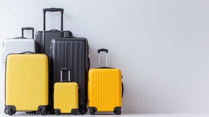 Suitcases stacked against white wall; travel preparation